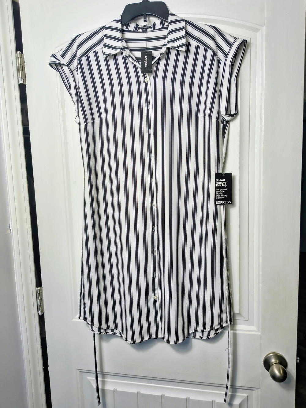 Express Black & White Vertical Stripe Midi Shirt Dress